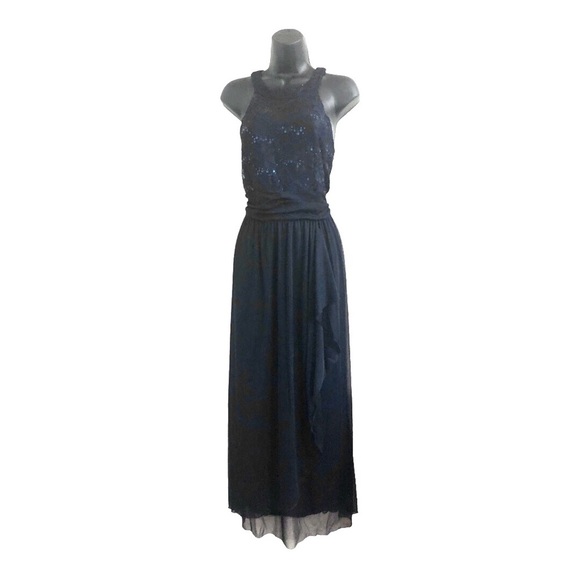 Dark blue sequin halter sheer chiffon faux wrap maxi evening dress gown size 10 - Picture 1 of 15